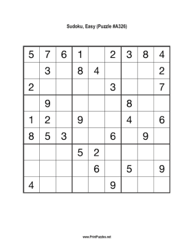 Sudoku - Easy A326 Printable Puzzle