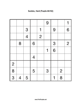 Sudoku - Hard A192 Printable Puzzle