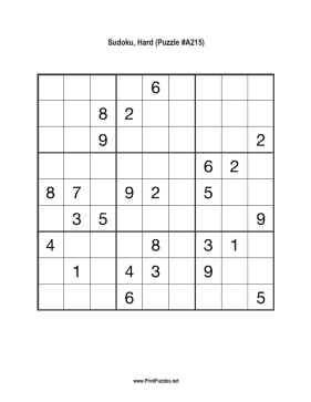 Sudoku - Hard A215 Printable Puzzle