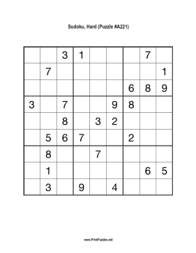 Sudoku - Hard A221 Printable Puzzle