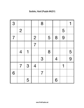 Sudoku - Hard A231 Printable Puzzle
