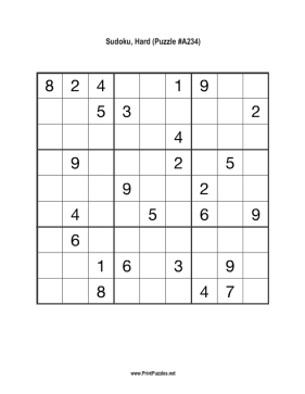 Sudoku - Hard A234 Printable Puzzle