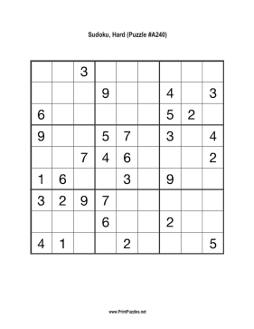 Sudoku - Hard A240 Printable Puzzle