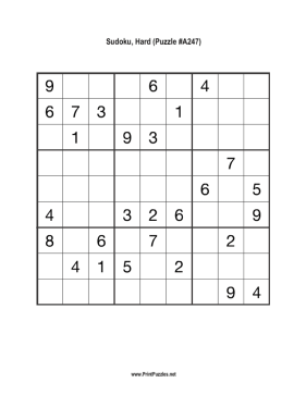 Sudoku - Hard A247 Printable Puzzle