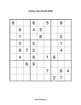 Sudoku - Hard A80 Printable Puzzle