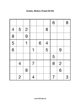 Sudoku - Medium A105 Printable Puzzle