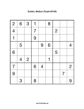 Sudoku - Medium A108 Printable Puzzle