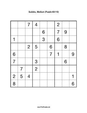 Sudoku - Medium A110 Printable Puzzle