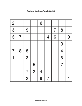 Sudoku - Medium A138 Printable Puzzle