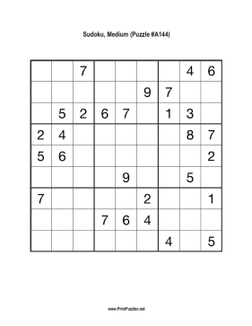 Sudoku - Medium A144 Printable Puzzle