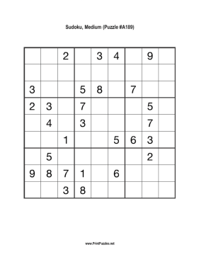 Sudoku - Medium A189 Printable Puzzle