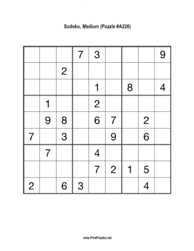 Sudoku - Medium A226 Printable Puzzle