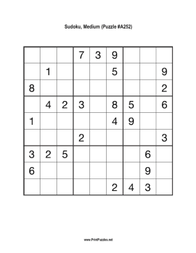 Sudoku - Medium A252 Printable Puzzle