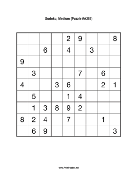 Sudoku - Medium A257 Printable Puzzle