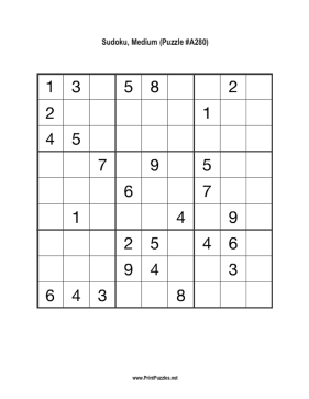 Sudoku - Medium A280 Printable Puzzle
