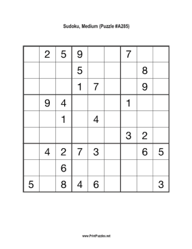 Sudoku - Medium A285 Printable Puzzle