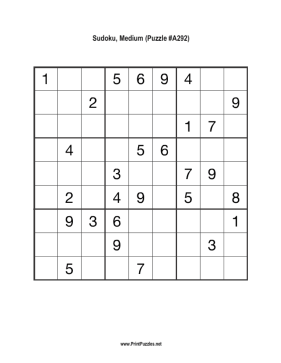 Sudoku - Medium A292 Printable Puzzle
