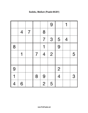 Sudoku - Medium A301 Printable Puzzle