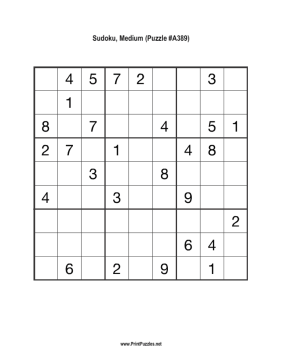 Sudoku - Medium A389 Printable Puzzle