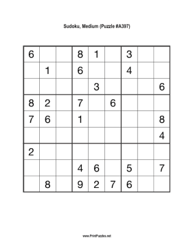 Sudoku - Medium A397 Printable Puzzle