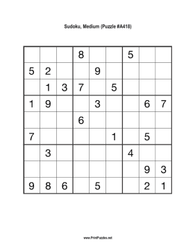 Sudoku - Medium A418 Printable Puzzle