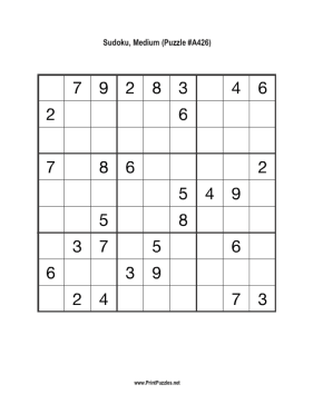 Sudoku - Medium A426 Printable Puzzle