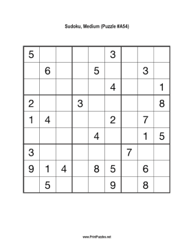 Sudoku - Medium A54 Printable Puzzle