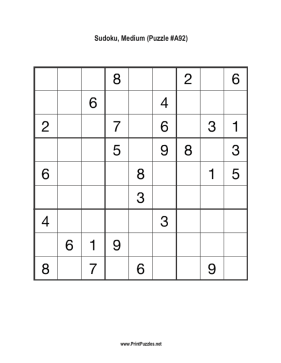 Sudoku - Medium A92 Printable Puzzle