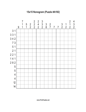 Nonogram - 15x15 - A192 Printable Puzzle