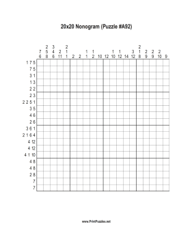 Nonogram - 20x20 - A92 Printable Puzzle