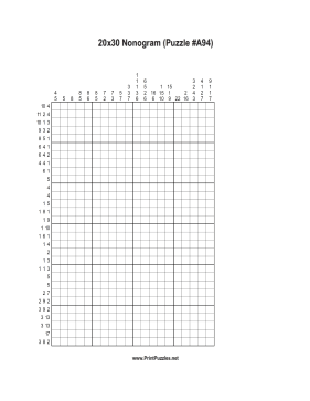 Nonogram - 20x30 - A94 Printable Puzzle