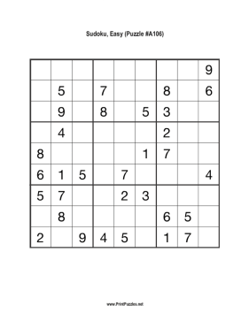 Sudoku - Easy A106 Printable Puzzle