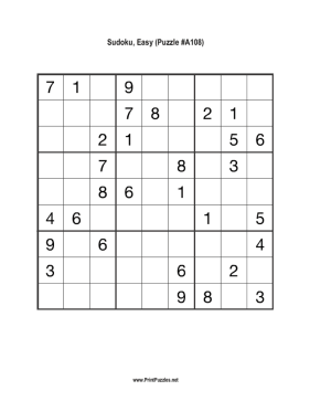 Sudoku - Easy A108 Printable Puzzle