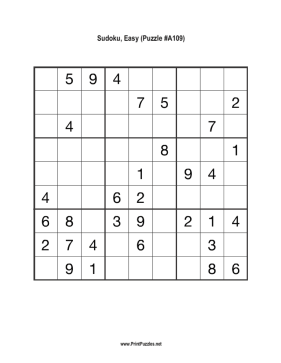 Sudoku - Easy A109 Printable Puzzle