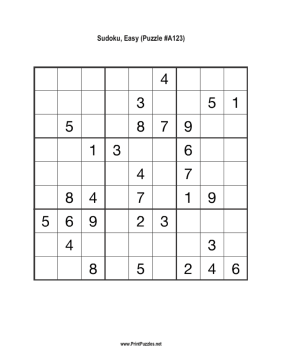 Sudoku - Easy A123 Printable Puzzle