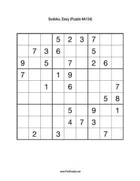 Sudoku - Easy A134 Printable Puzzle