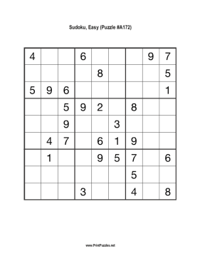 Sudoku - Easy A172 Printable Puzzle
