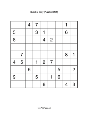 Sudoku - Easy A175 Printable Puzzle