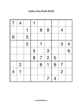 Sudoku - Easy A194 Printable Puzzle