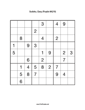 Sudoku - Easy A219 Printable Puzzle