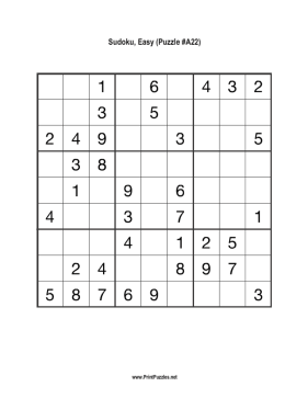 Sudoku - Easy A22 Printable Puzzle