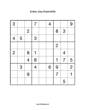 Sudoku - Easy A30 Printable Puzzle