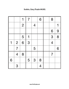 Sudoku - Easy A305 Printable Puzzle