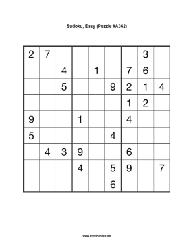 Sudoku - Easy A362 Printable Puzzle