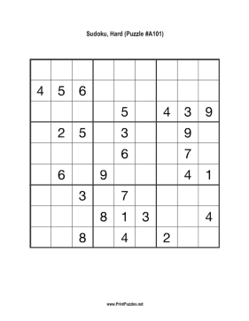 Sudoku - Hard A101 Printable Puzzle