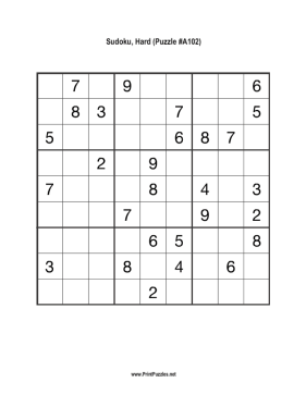 Sudoku - Hard A102 Printable Puzzle