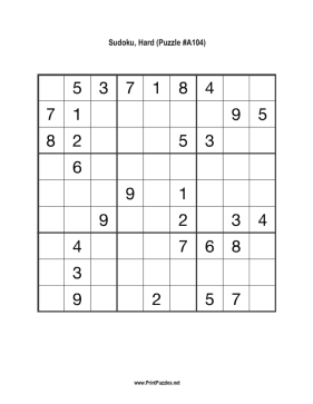 Sudoku - Hard A104 Printable Puzzle