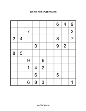 Sudoku - Hard A109 Printable Puzzle