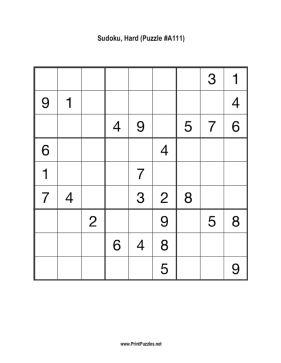 Sudoku - Hard A111 Printable Puzzle