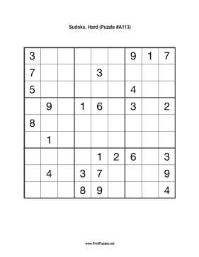 Sudoku - Hard A113 Printable Puzzle